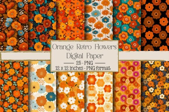 Orange Retro Flowers Digital Papers – A Creative Tool for Modern Designers and Entrepreneurs